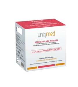 Caixa C/100 Seringas para Insulina 0,5mL (50UI) Agulha Fixa 5x0,23mm Blister - Uniqmed